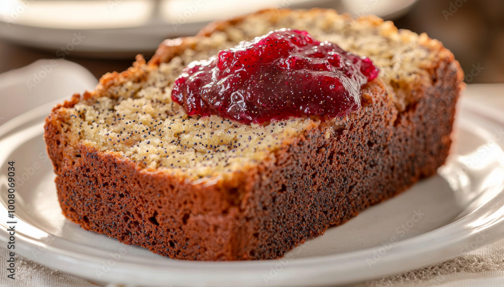 A slice of poppy seed bread topped with a dollop of red fruit jam, served on a plate, inviting for a snack or dessert. A slice of poppy seed bread topped with a dollop of red fruit jam, served on a plate, inviting for a snack or dessert.