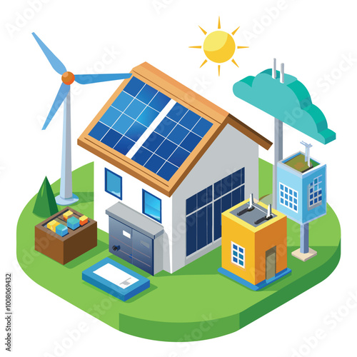 A virtual battery energy storage system integrated with solar panels and a wind turbine promoting sustainable energy use for a modern home