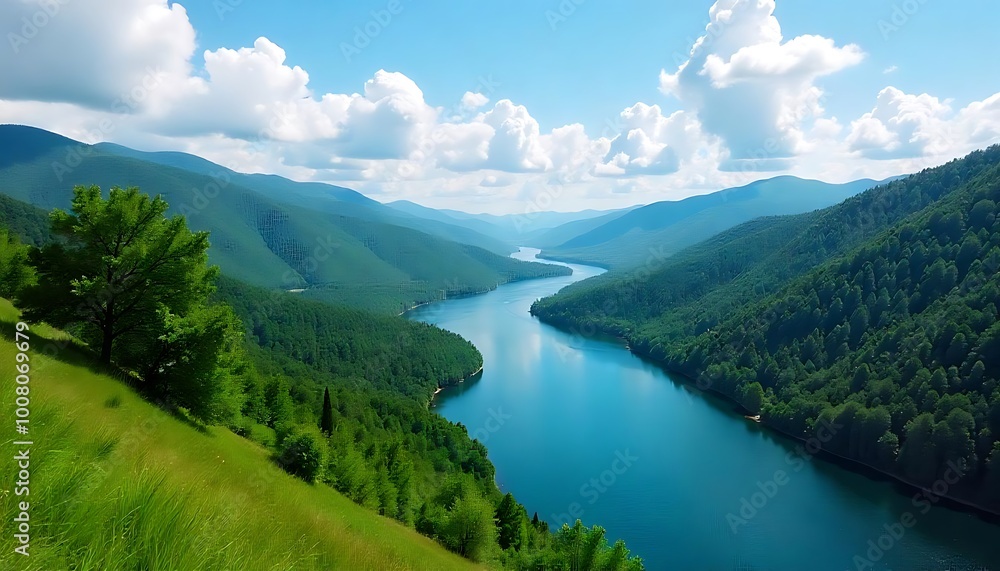 winding river surrounded by lush green hills and forests under a blue sky winding river surrounded by lush green hills and forests under a blue sky