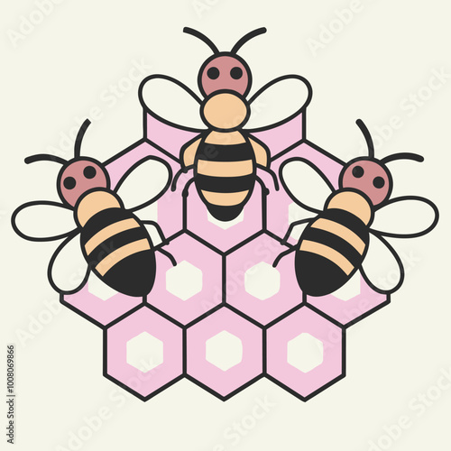 Three bees gather around a pink honeycomb illustrating their teamwork and the natural process of honey production and hive maintenance