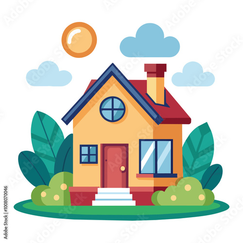 This vibrant vector illustration showcases a charming house for sale with a welcoming entrance sunny skies and lush green surroundings