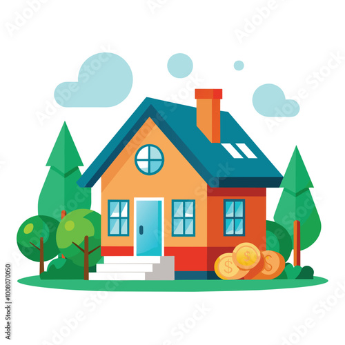 A vibrant illustration shows a charming house for sale nestled among green trees with money symbols nearby symbolizing the home buying process