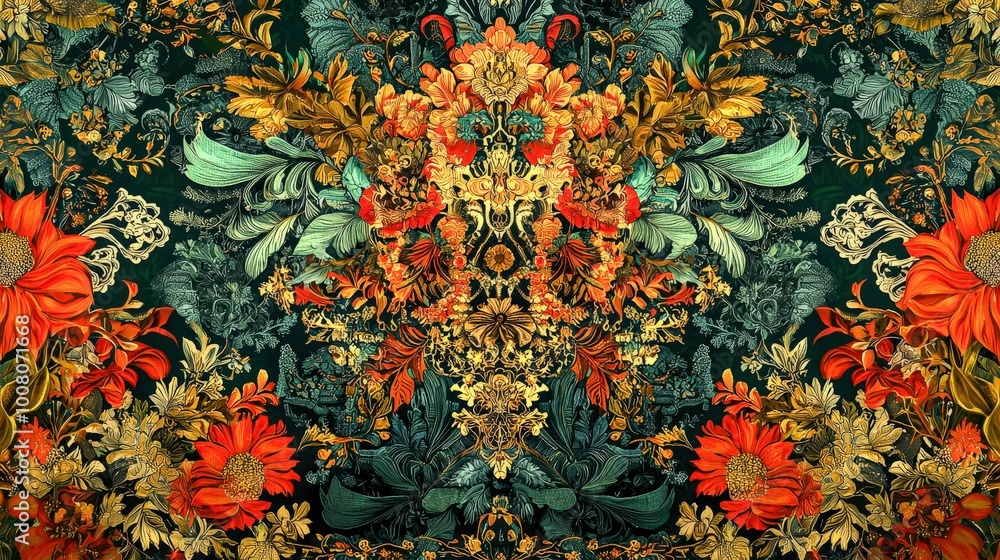 custom made wallpaper toronto digitalAn eclectic maximalist wallpaper bursting with bold colors and intricate patterns, enhanced by gold accents, offering a vintage-inspired aesthetic