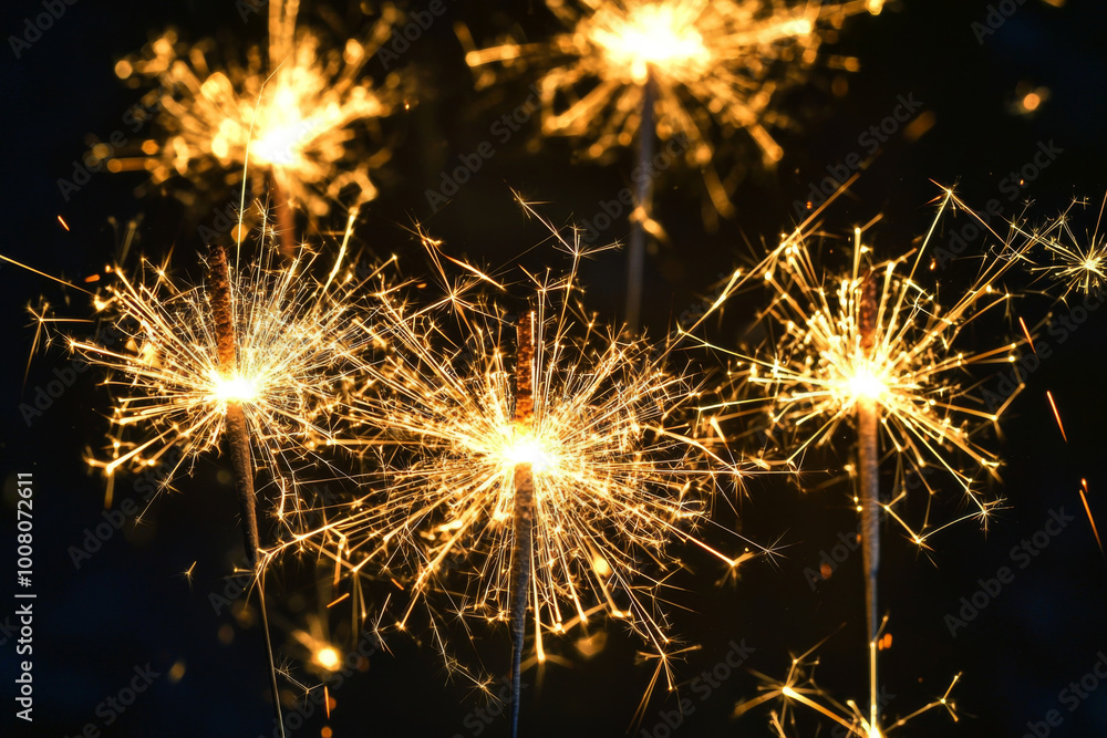 Naklejka premium A close-up of sparkling sparklers illuminating the darkness, creating a festive and magical atmosphere.