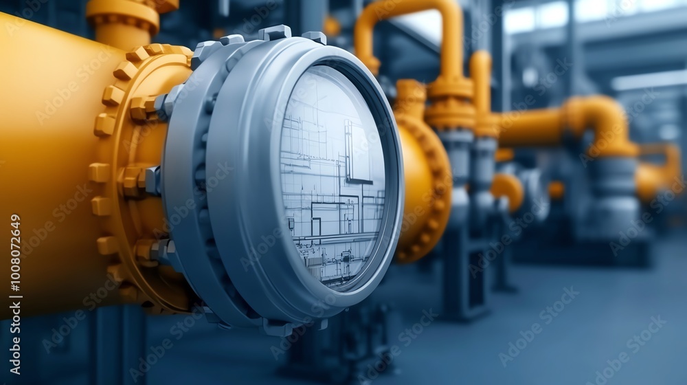 Close-up of industrial piping and gauge, blue background, complexity of production. Close-up of industrial piping and gauge, blue background, complexity of production.