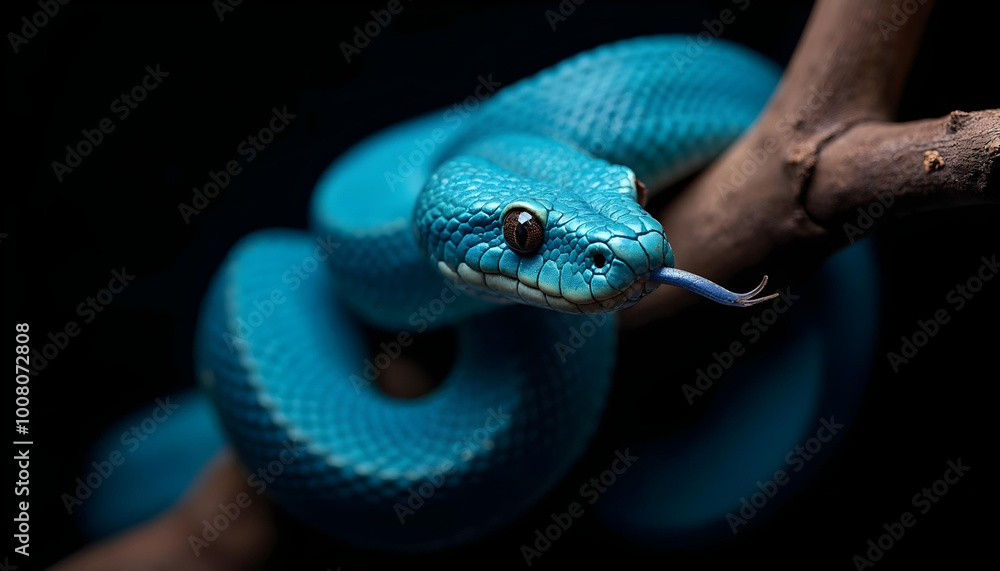 Fototapeta premium Vibrant Blue Snake Close-Up on Tree Branch with Black Background – Exotic Reptile, Wildlife Photography, Animal Portrait, Detailed Scales, Nature Image