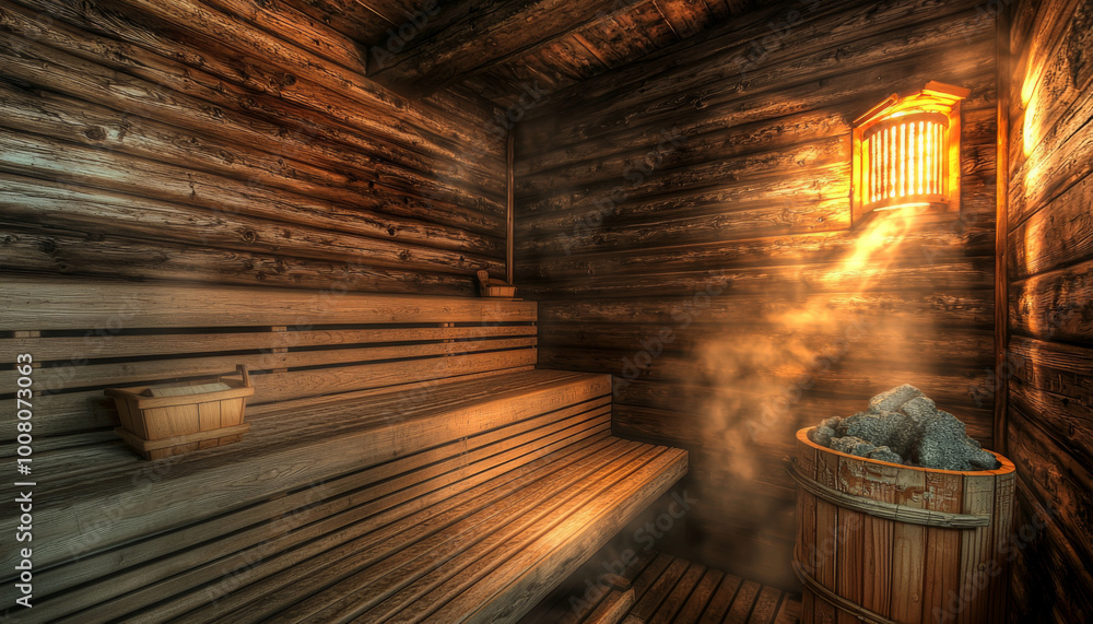 Obraz premium A warm, inviting sauna interior with wooden benches, a stone-filled bucket, and light streaming through a window.