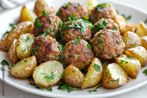 A delicious plate of meatballs served with roasted baby potatoes, garnished with fresh herbs.