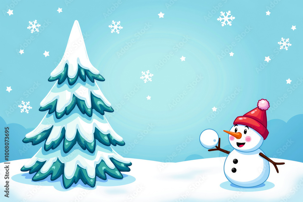 Cartoon Christmas tree with snowman on snowy day Cartoon Christmas tree with snowman on snowy day