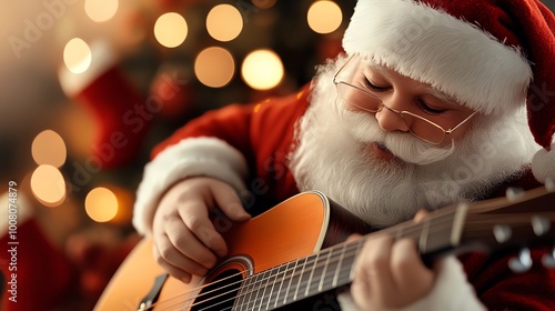 Santa Claus playing guitar in festive setting with Christmas lights. photo