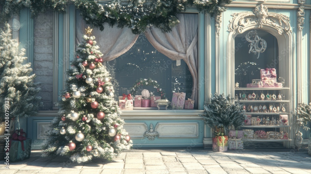 Fototapeta premium A decorated christmas tree in front of a window