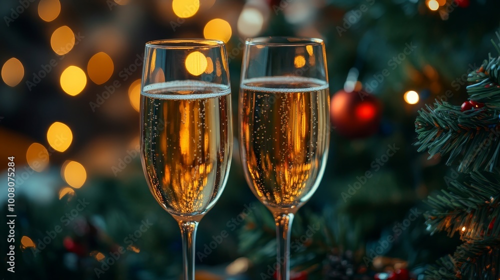 Two champagne glasses are on a table with Christmas decorations Two champagne glasses are on a table with Christmas decorations