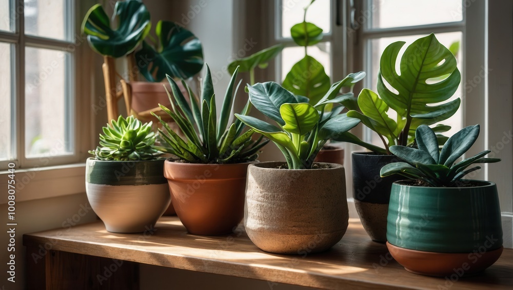 Potted Succulents and Tropical Plants on Windowsill Potted Succulents and Tropical Plants on Windowsill