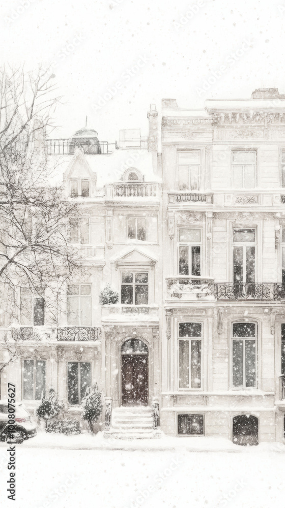 A black and white photo of a building in the snow A black and white photo of a building in the snow