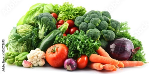 Assorted fresh vegetables including broccoli, tomatoes, and carrots on a white background. Healthy food concept for design and print.