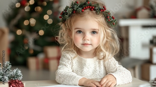 A little girl sitting at a table in front of a christmas tree