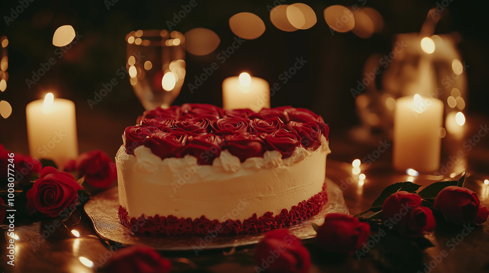 Valentine's Cake with Red Roses and Candlelit Romantic Setting Valentine's Cake with Red Roses and Candlelit Romantic Setting
