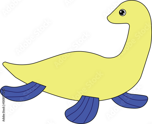 cute yellow loch ness monster with blue flippers looking back, cartoon, easy to edit, stock vector