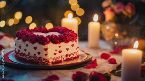 Valentine's Cake with Red Roses and Candlelit Romantic Setting