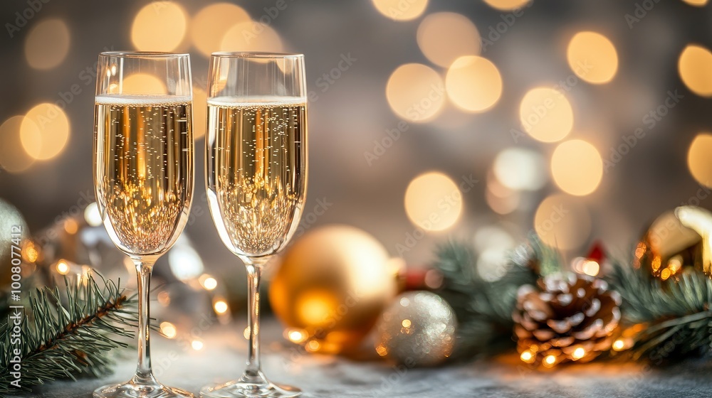 Two champagne glasses are on a table with Christmas decorations Two champagne glasses are on a table with Christmas decorations
