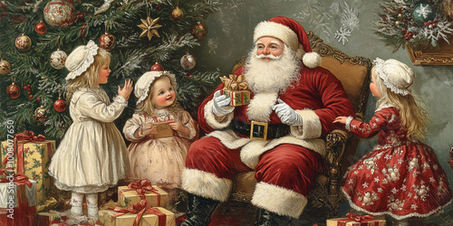 Retro Bild vom Weihnachtsmann wie er Geschenke an die Kinder ausgibt. Weihnachten Nostalgie Kinder Freude Geschenke