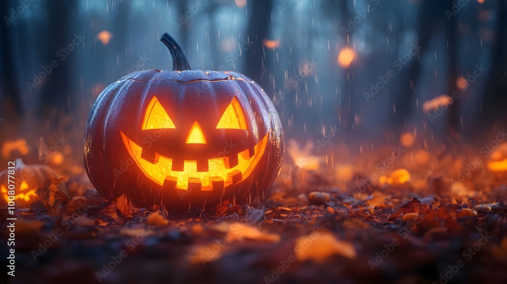 Glowing Jack o Lantern in Spooky Autumn Forest with Fog and Falling Leaves Glowing Jack o Lantern in Spooky Autumn Forest with Fog and Falling Leaves