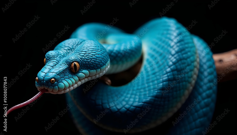 Fototapeta premium Vibrant Blue Snake Close-Up on Tree Branch with Black Background – Exotic Reptile, Wildlife Photography, Animal Portrait, Detailed Scales, Nature Image