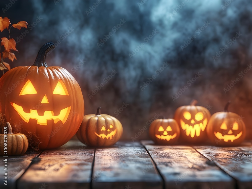 Festive Halloween Atmosphere with Spooky Carved Pumpkins and Mysterious Moonlit Backdrop Festive Halloween Atmosphere with Spooky Carved Pumpkins and Mysterious Moonlit Backdrop