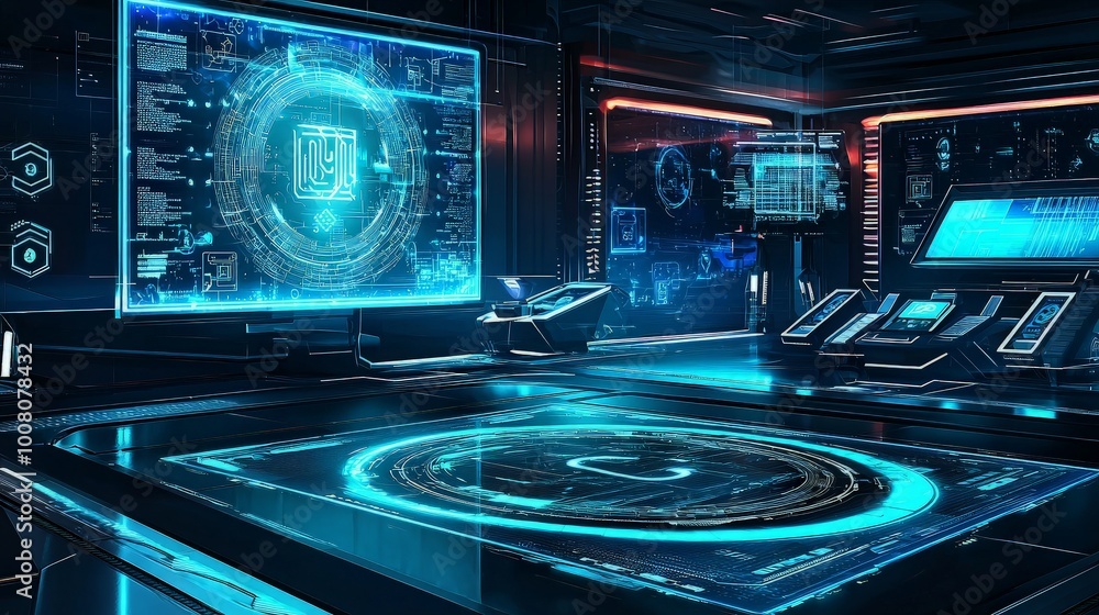 Futuristic Control Room with Digital Interfaces Futuristic Control Room with Digital Interfaces