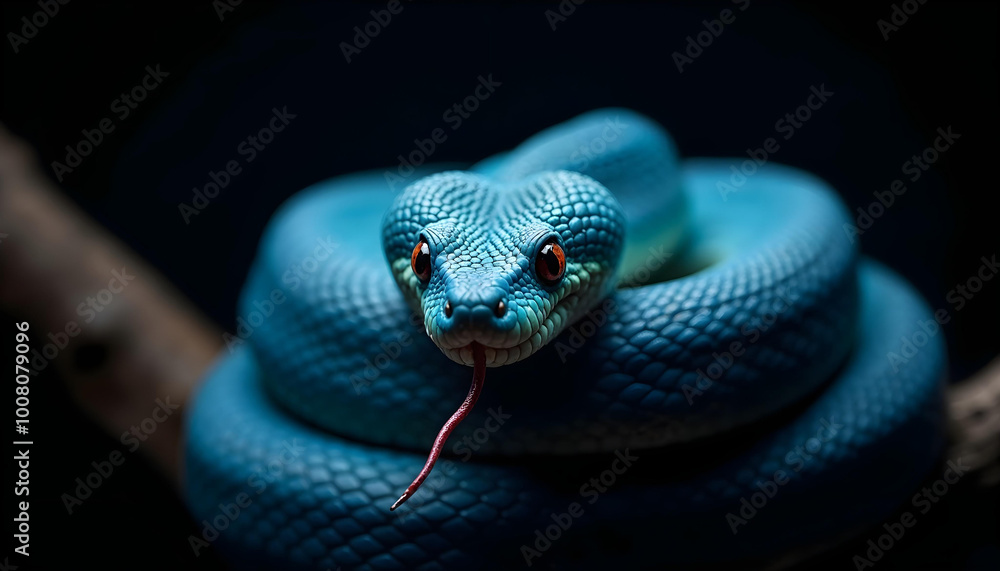 Obraz premium Vibrant Blue Snake Close-Up on Tree Branch with Black Background – Exotic Reptile, Wildlife Photography, Animal Portrait, Detailed Scales, Nature Image
