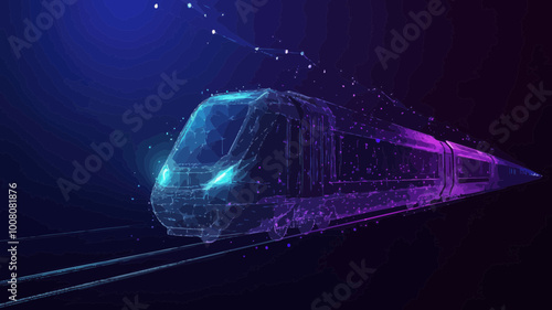 Futuristic High-Speed Train Digital Low Poly Wireframe Illustration - Modern Technology and Transport Concept in Blue and Purple, 3D Vector with Connected Dots for Future Logistics