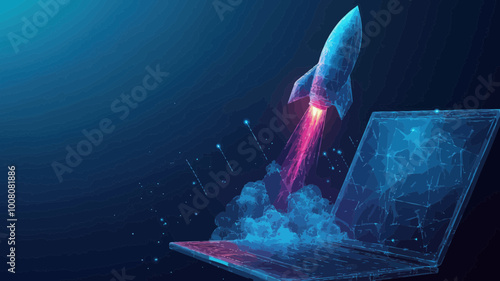 Abstract Rocket Launch from Laptop Screen with Smoke. Startup and Boost Concept, Low Poly Wireframe, 3D Effect, Blue Tech Background, Flat Minimalist SVG Vector Illustration
