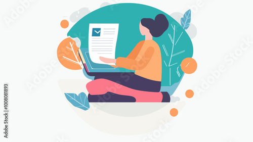 Woman Conducting Online Testing in Modern Flat Vector Illustration - Remote Work Concept, Education, and E-learning Theme