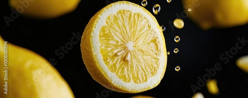 A lemon slice being squeezed, with drops of juice flying in all directions, symbolizing the refreshing intensity of sour