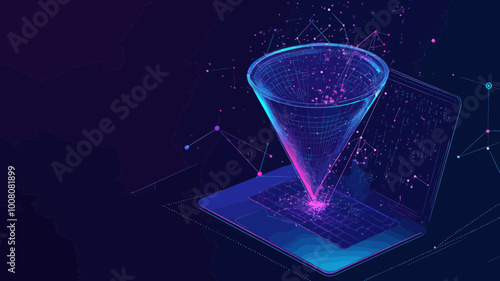 Digital Sales Funnel Illustration with Big Data Flow on Laptop Screen in Low Poly Wireframe Style, Technological Blue Background, Abstract Data Concept, Starry Sky Polygonal Design, Minimalist Vector