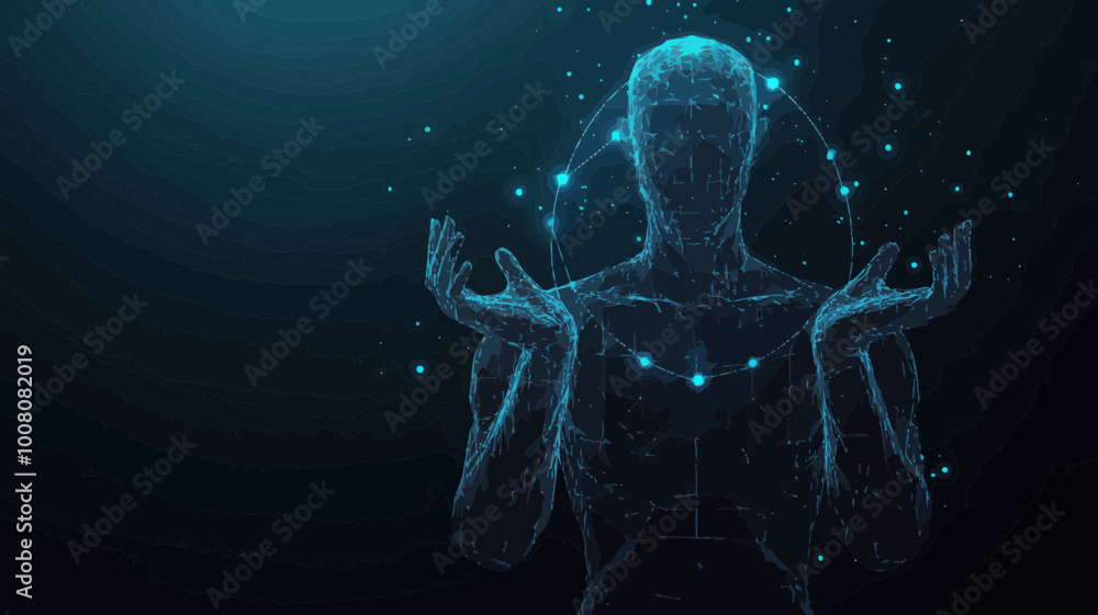 Digital Anatomy Concept: Man Covering Vitruvian Man Icon in Low Poly Wireframe Vector Illustration, Holographic Polygonal Style Digital Anatomy Concept: Man Covering Vitruvian Man Icon in Low Poly Wireframe Vector Illustration, Holographic Polygonal Style