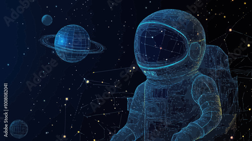 Abstract Vector Wireframe Astronaut Surrounded by Stars and Planets, Minimalist Space Exploration Concept with Starry Sky