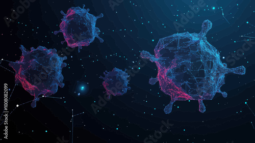 Low Poly Wireframe Cancer Cells Vector Illustration - Oncology Concept in Starry Sky Style with Points, Lines, and Shapes - Flat Minimalist SVG Design