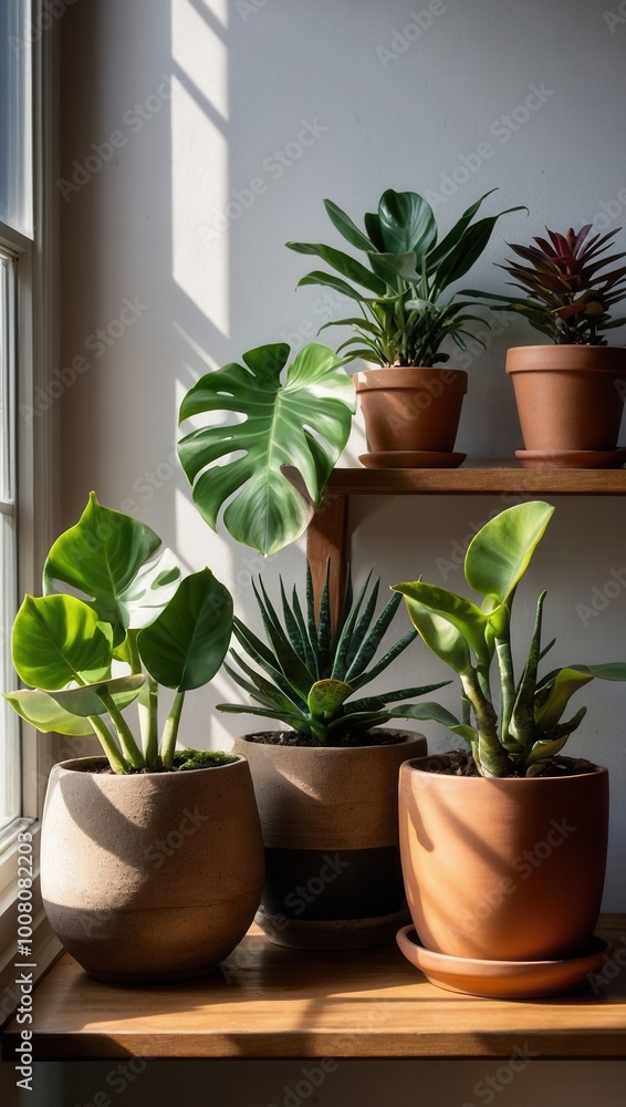 Succulents and Cacti in Terracotta Pots on Windowsill Succulents and Cacti in Terracotta Pots on Windowsill