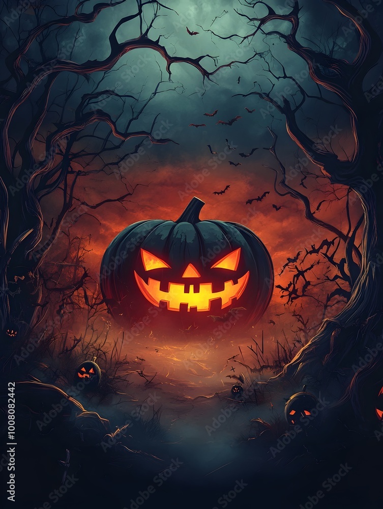 Fototapeta premium Eerie Illuminated Pumpkin Landscape Inviting for Halloween and Festivities