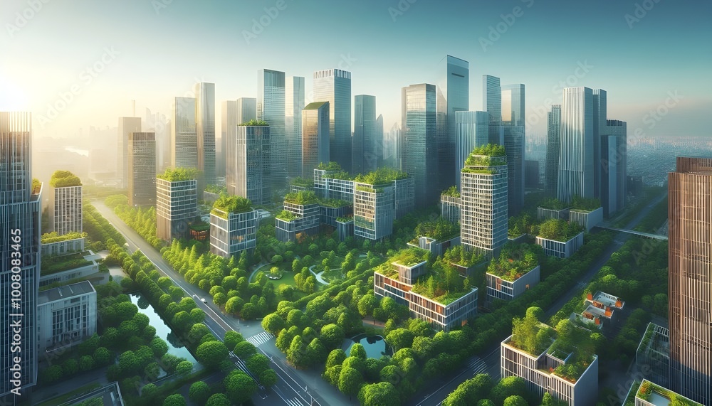 Obraz premium Modern urban skyline with greenery