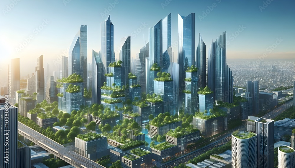 Obraz premium Modern urban skyline with greenery