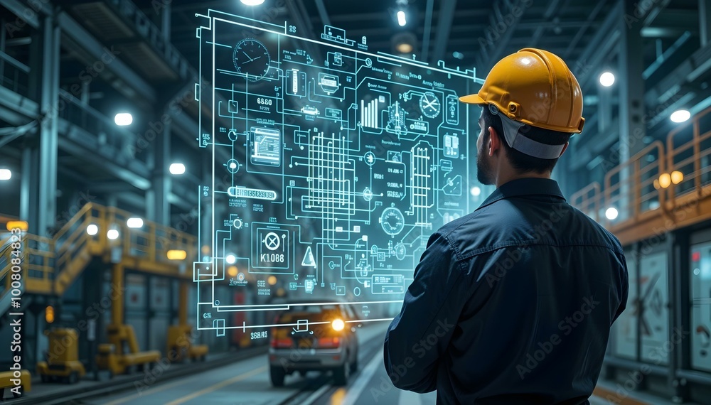 Engineer in Safety Gear Reviewing Technical Schematics with Futuristic Technology Engineer in Safety Gear Reviewing Technical Schematics with Futuristic Technology