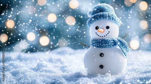 Christmas winter background with snowman in snow and blurred bokeh background. Generative AI