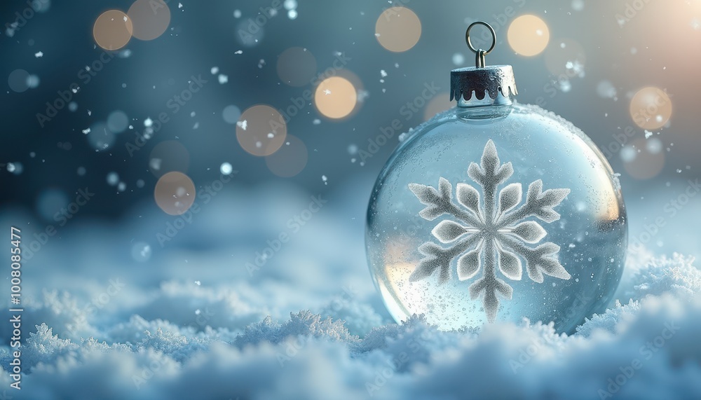 Crystal-clear bauble ornament with a frosted snowflake pattern in a close-up shot for a wintry and elegant Christmas theme. Crystal-clear bauble ornament with a frosted snowflake pattern in a close-up shot for a wintry and elegant Christmas theme.