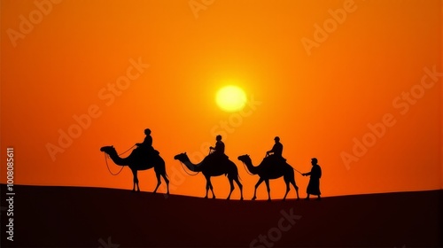 Silhouette of Camel Riders Against an Orange Hued Sky on a Desert Dunes Under Dramatic Sunset