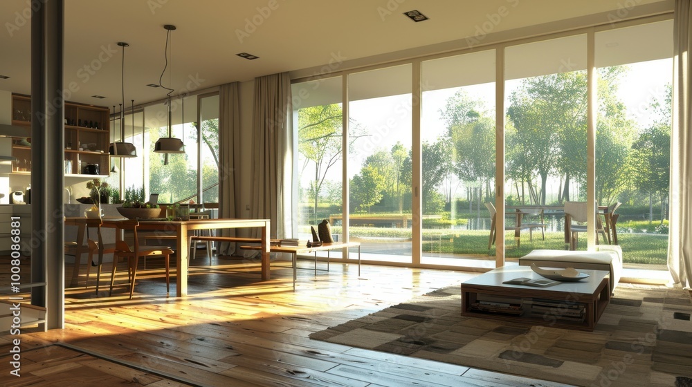 Fototapeta premium Natural Light: Inviting natural light through large windows and glass doors makes spaces feel airy, crucial in minimalist design for enhancing ambiance and highlighting features.