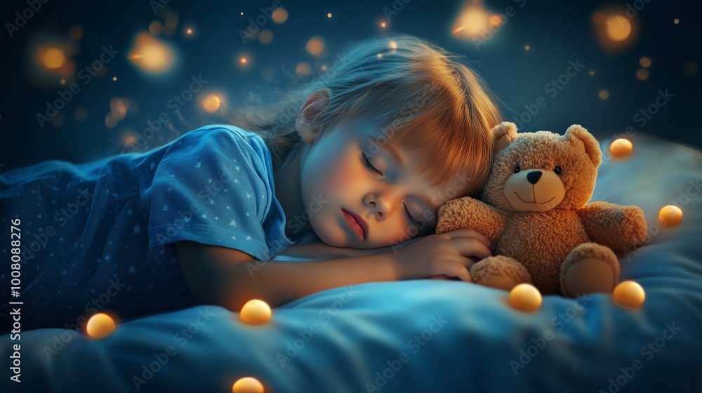 A child sleeping with a teddy bear, surrounded by gentle nightlights. A child sleeping with a teddy bear, surrounded by gentle nightlights.