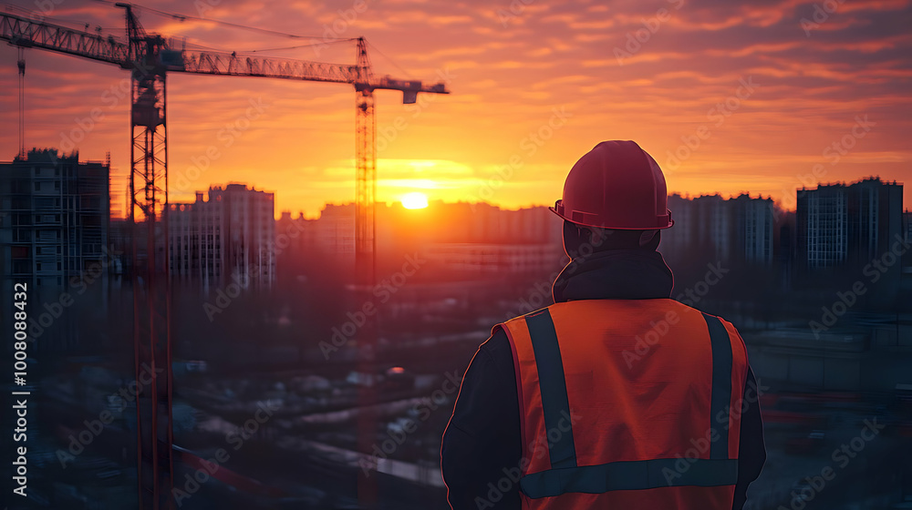 Construction Worker Gazing at the Sunset Over the Cityscape Construction Worker Gazing at the Sunset Over the Cityscape