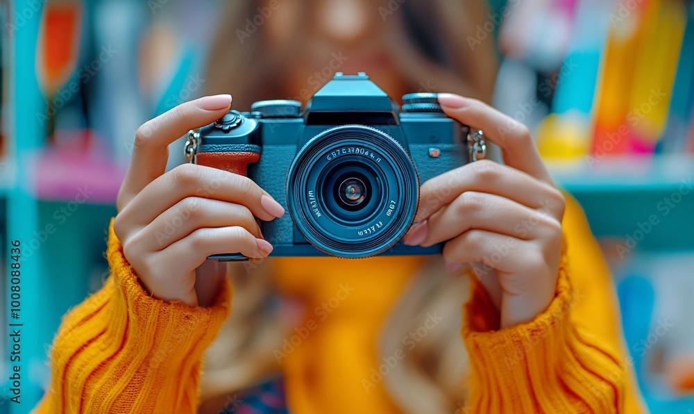 Closeup of a woman's hands holding a vintage camera. Closeup of a woman's hands holding a vintage camera.